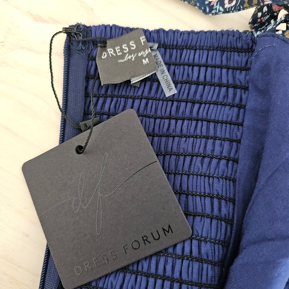 Dress Forum Navy Blue Floral Tiered Ruffle Midi Dress Smocked Back NWT Medium - Picture 11 of 14